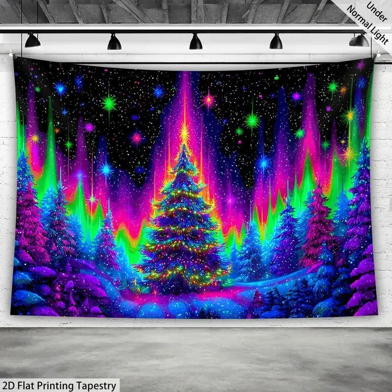 VIKAMA Neon Christmas Forest Wall Hanging Tapestry, Glowing Aurora Tree Scene with LED String Lights for Party Backdrop