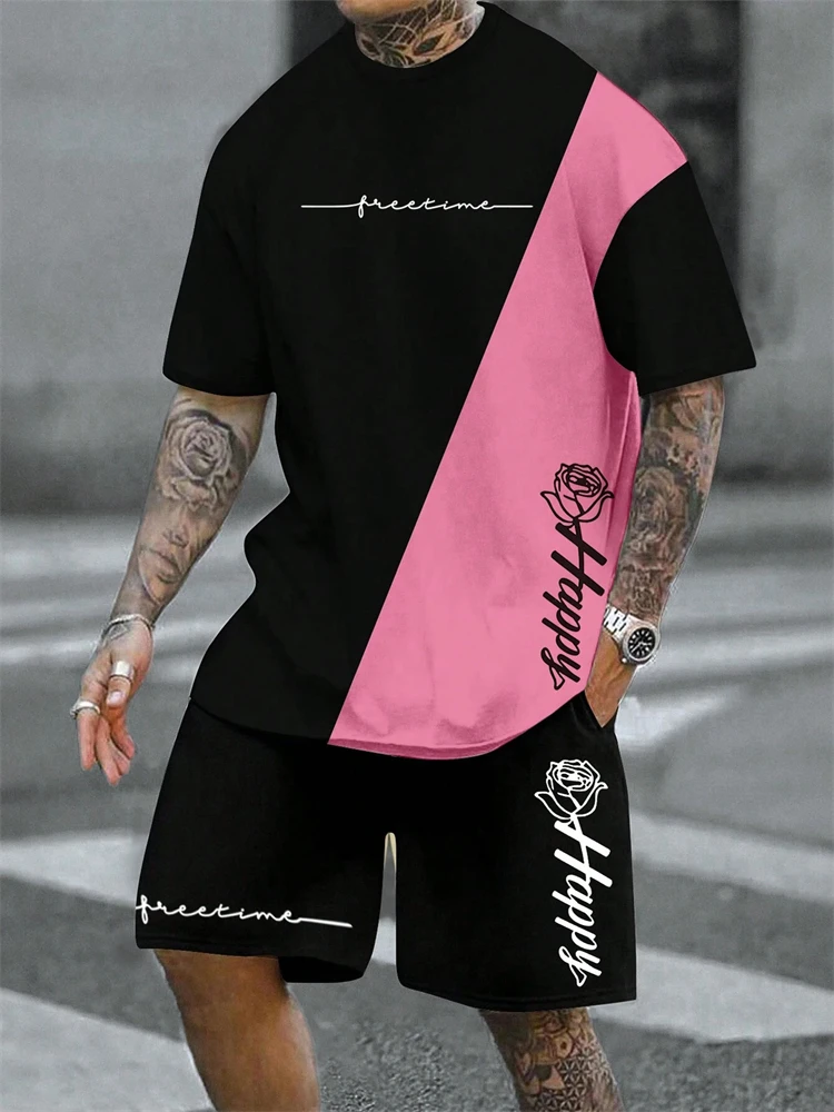 

The 2025 summer new black and pink rose pattern men's casual, fashionable, soft, comfortable and breathable suit