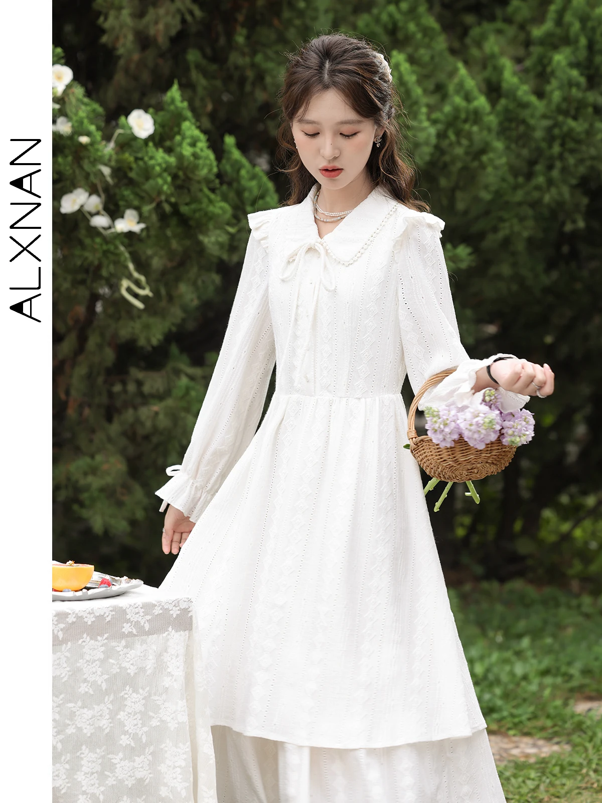 ALXNAN Women Elegant Chic White Dress 2024 Spring Frenchy Double Layer Hem Tie Front Long Sleeve Midi Dresses Clothing L33517