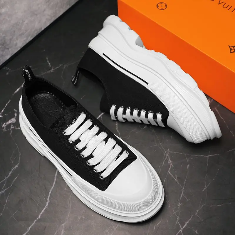 Men Canvas Shoes Thick Sole Hidden Height Increase Platform Skateboard Casual Dad Sneakers