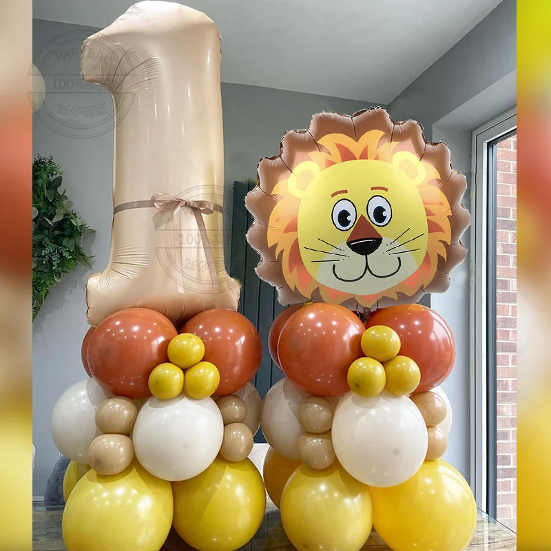 라이온 킹 테마 풍선 키트, 3D 사자 머리, 밀크 티 컬러, 디지털 알루미늄 필름 풍선, 어린이 생일 파티 장식, 44 개