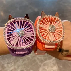 Lovely Watch Style Mini Cat Ears Sparkle Rhinestone Decorate Easy Carry Summer Outside Fan