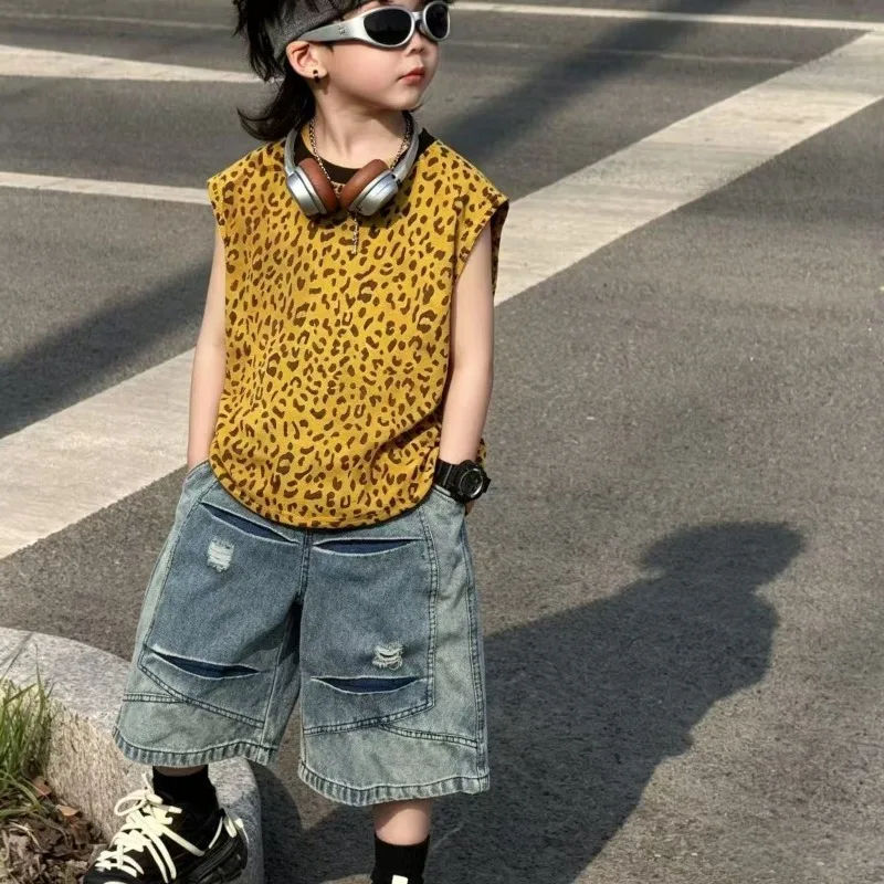 Boys 2026 Summer Leopard Print Sleeveless Tank Top Shorts Trend Two-piece Set Children's Cool Handsome Set