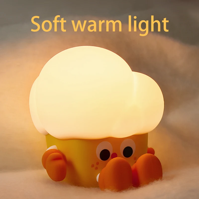 Cute Cartoon Popcorn Night Light USB Rechargeable Touch Silicone Lamp Kid Gift Bedside Nursery Ambient Mood Light 3 Levels Timer