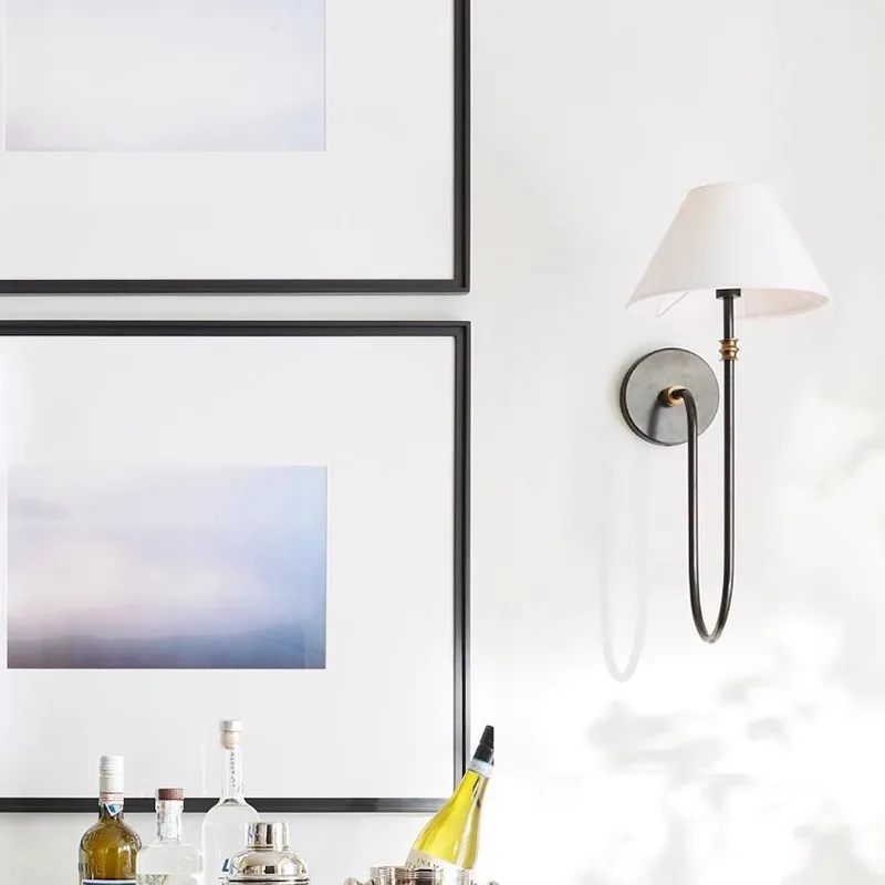 Retro All Copper Long Rod Bedrooms Bedside Wall Lamp Fabric Living Room Background Corridor Decorative Lights