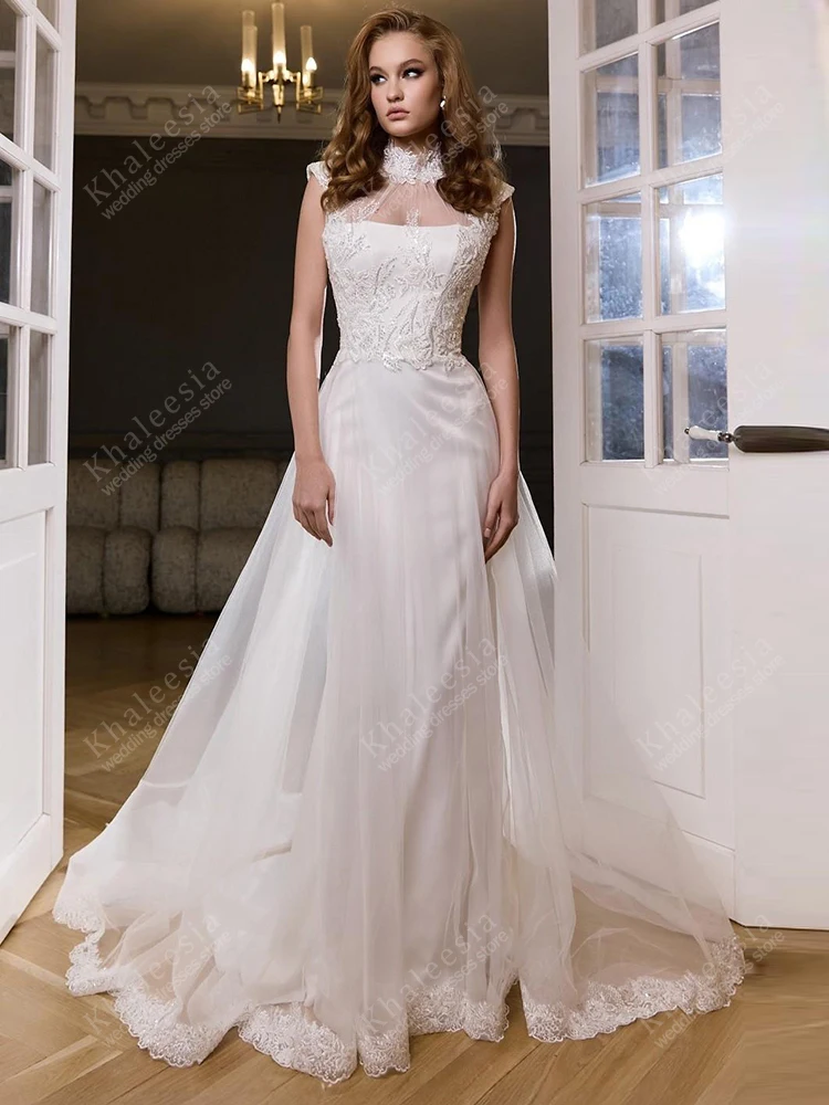 Charmante Brautkleider aus Satin, Brautkleider, Spitzenapplikationen, moderne, ärmellose High-Neck-Roben, sexy Vestidos de Novia, individuell gestaltet