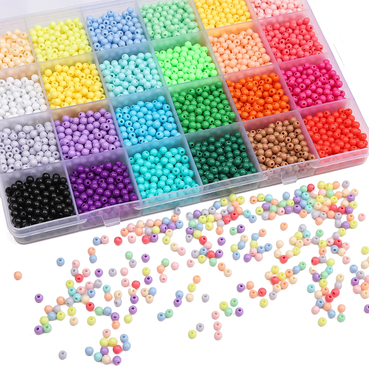Około 3600 sztuk, 24 pudełko z siatką, 4mm solidne akrylowe okrągłe koraliki, luźne koraliki, ręcznie robione DIY, tworzenie akcesoriów jubilerskich