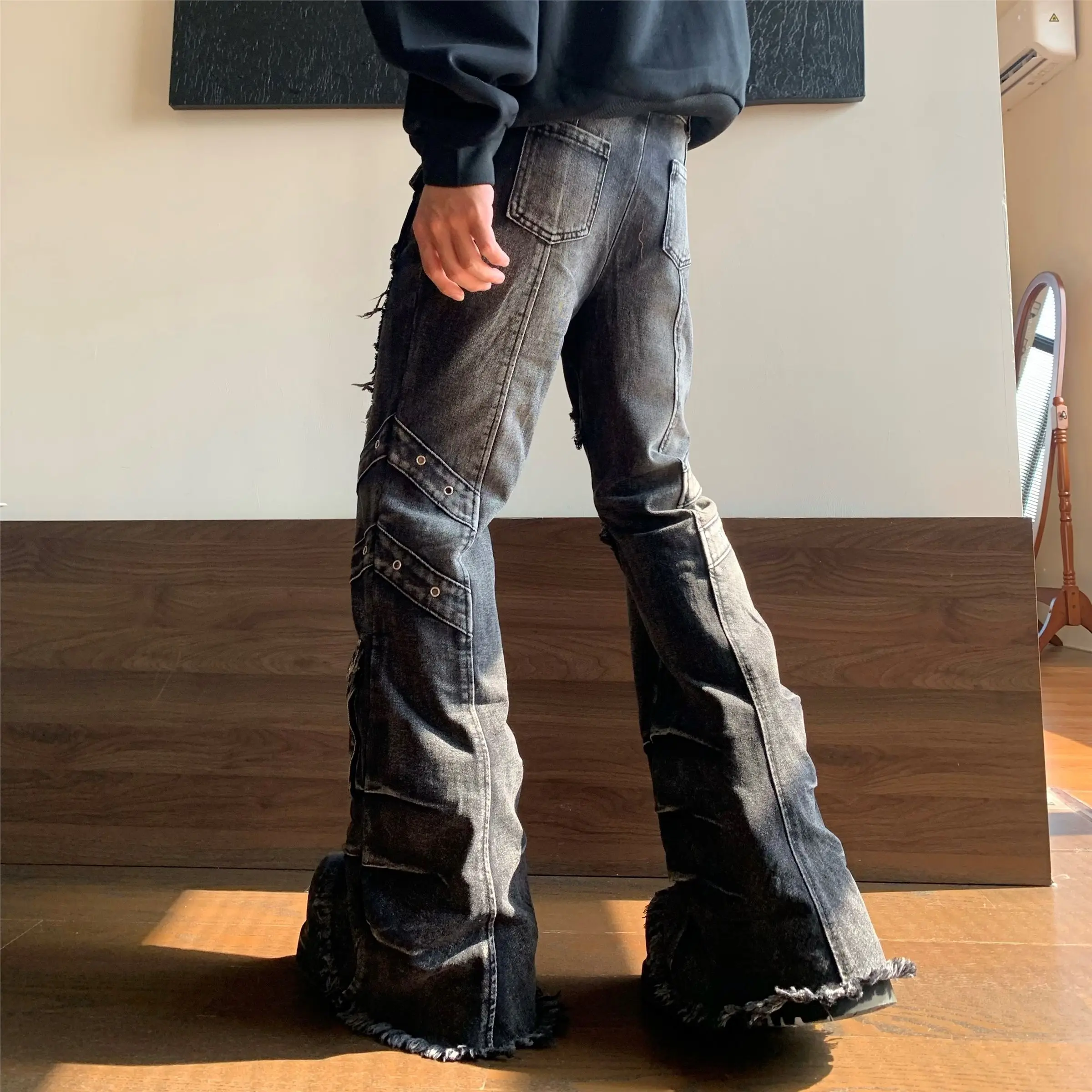 Men's Punk Style Hiphop Wide Leg Black Jeans Young Boys Spring Casual Pants Vintage Bottom Male High Waist Denim Y2k Trousers