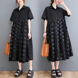 Summer New plus Size Women's Shirt Dress Knee-Length A-Line Skirt Geometric Pattern Cotton Commute Style Short Sleeve Loose Fit