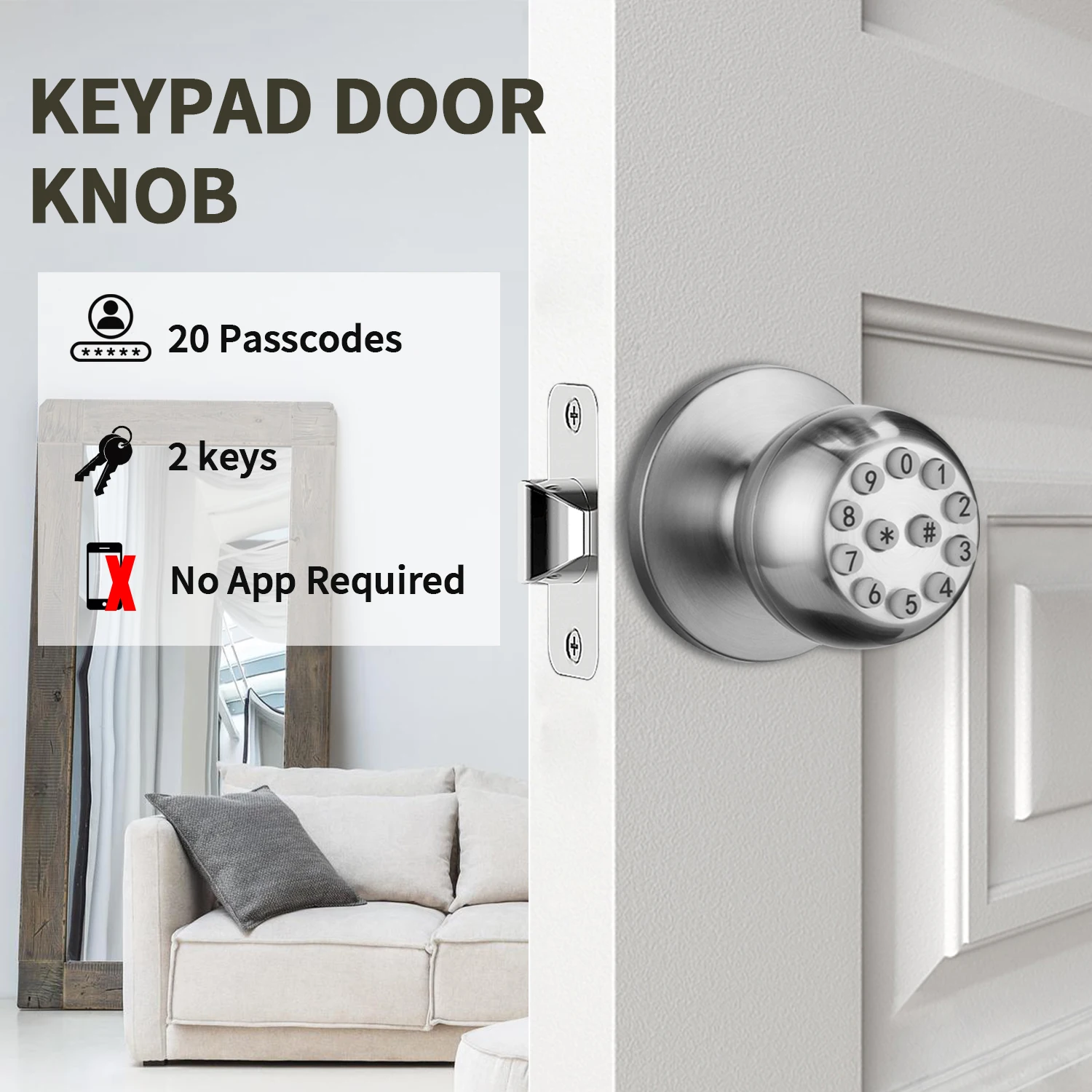 Keyless Entry Door Knob,Smart Knob Unlock by Passcode,interior Door Lock with Keypad,Door Lock Electronic Door Knob for home