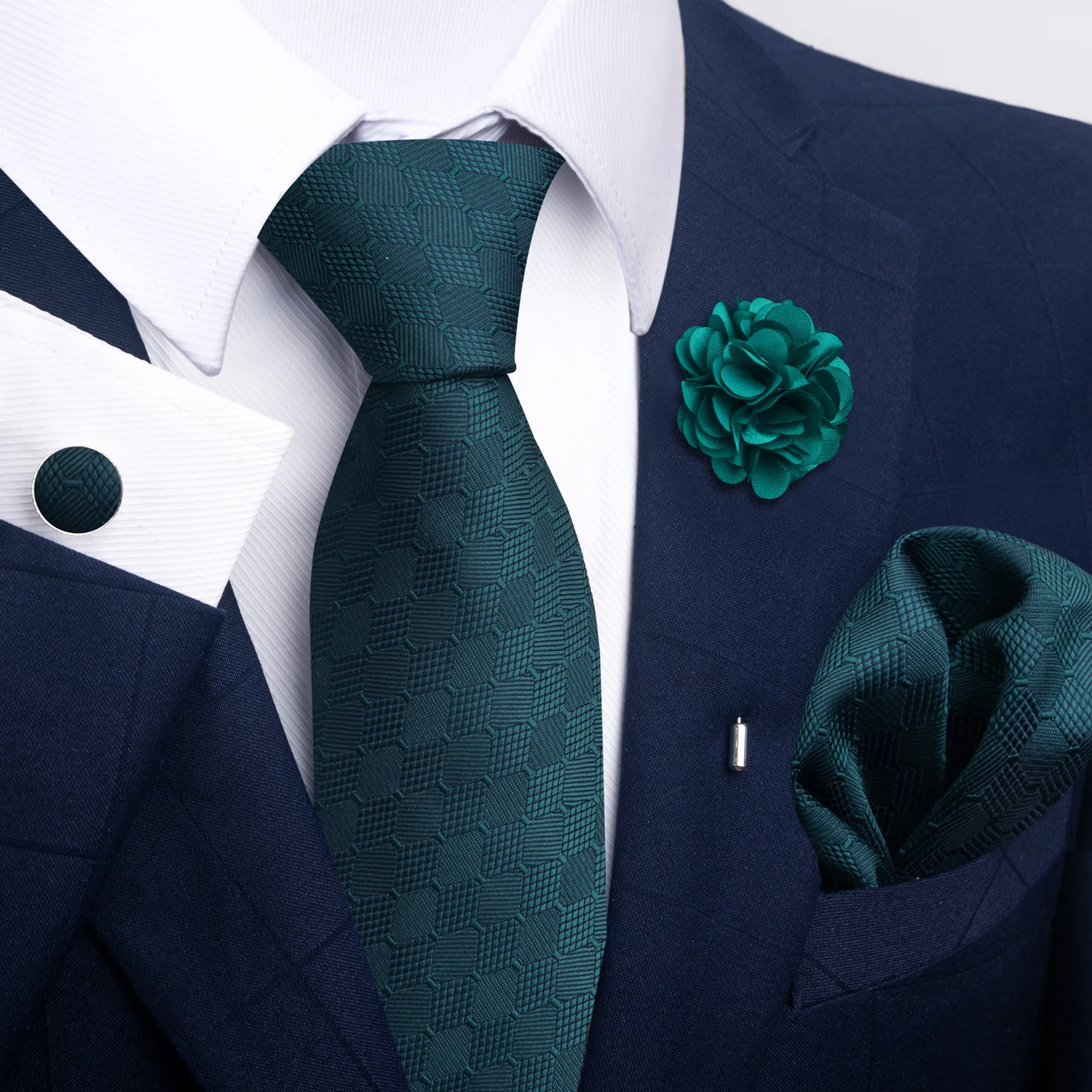 Marchio di moda lussuoso verde floreale cravatta tascabile gemelli quadrati spilla set accessori per abiti da uomo regalo di compleanno