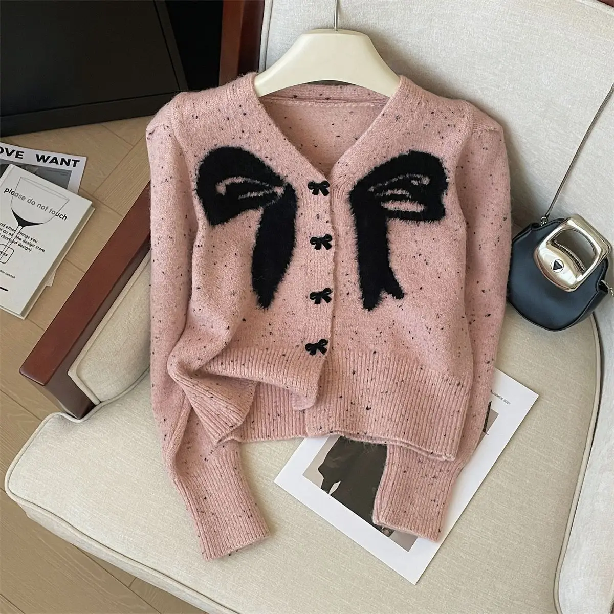 Spring Womens Sweet Bow Pattern Knitted Cardigan Sweater