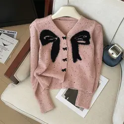 Spring Womens Sweet Bow Pattern Knitted Cardigan Sweater