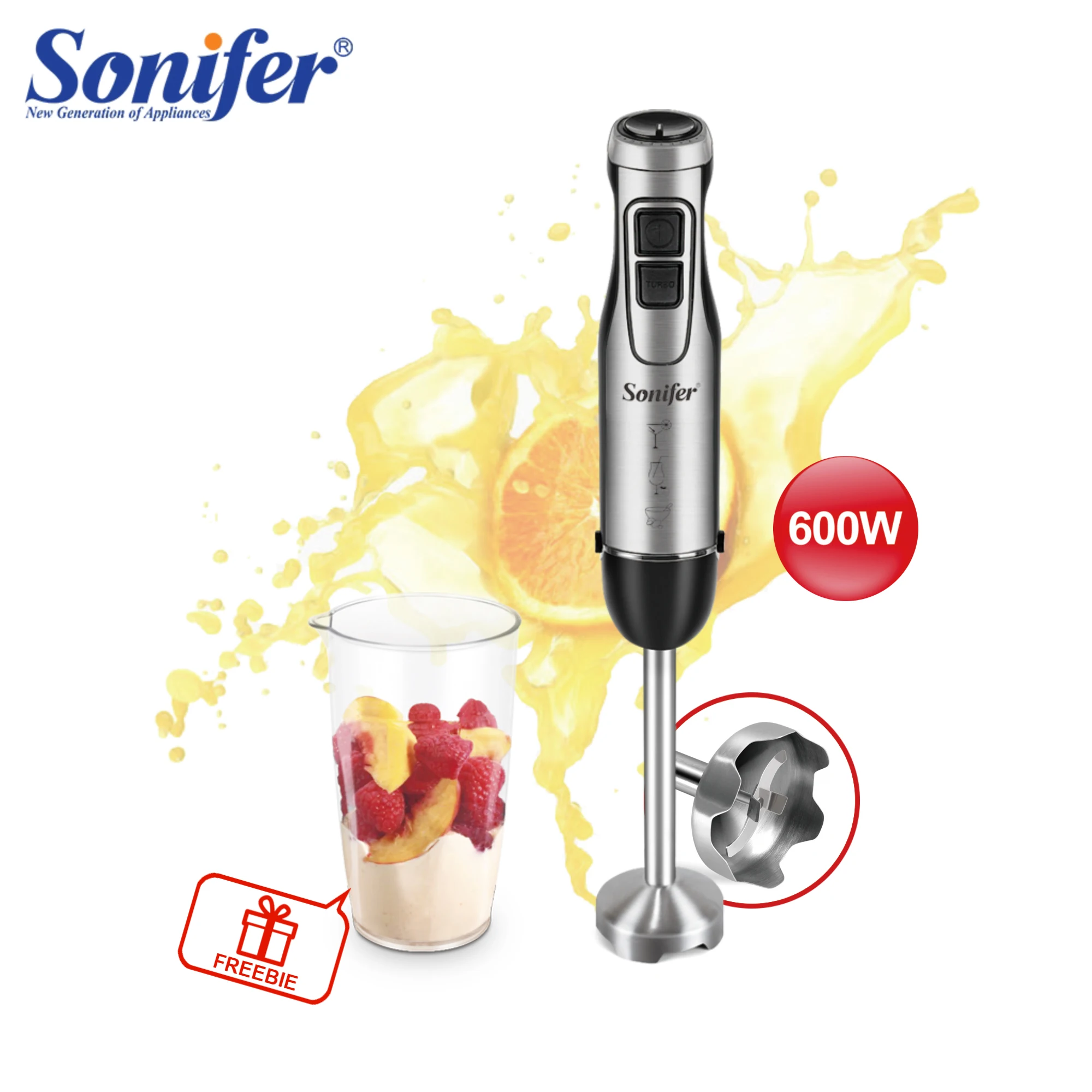 

Immersion Hand Stick Blender Mixer with Chopper Smoothie Cup Ice Blades Kitchen Juicer Vegetable Fruit Food Processor Sonifer