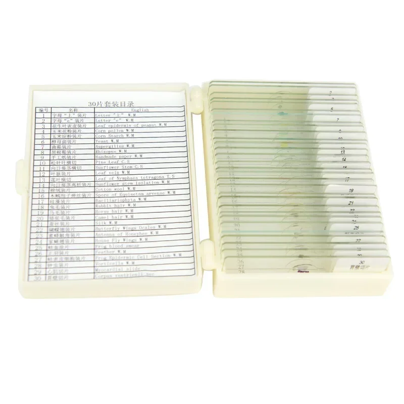 

30PCS Lens Microscopio Slides Prepared Glass for Student Biological Microscopes with Chinese English Label Plastic Box Tools