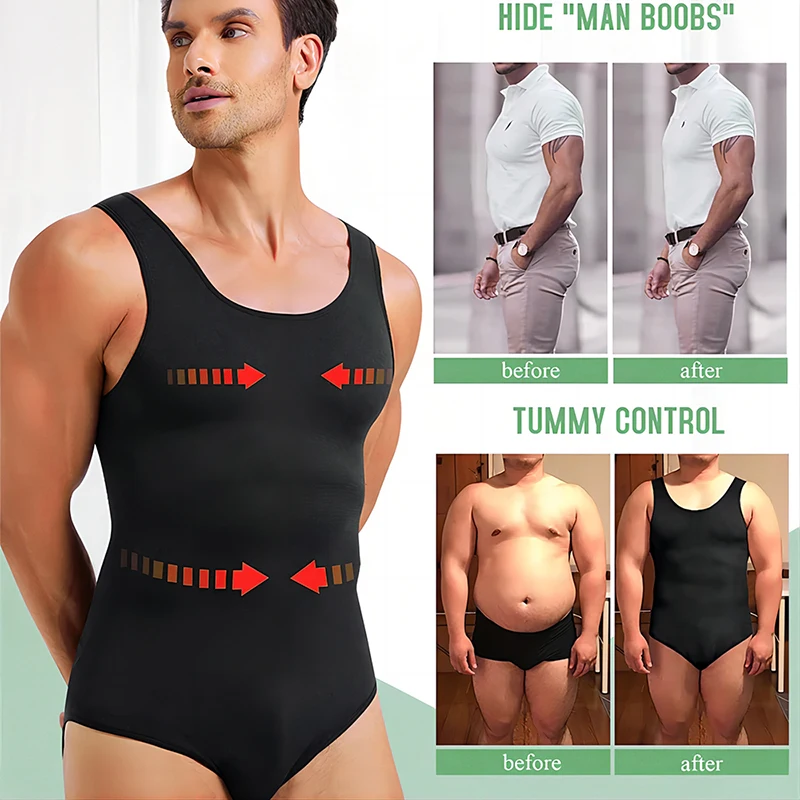 Mens Shapewear Leotards Tummy Control Full Body Shaper Compression Slimming Bodysuit Sleeveless Open Crotch Absorb Undershirt