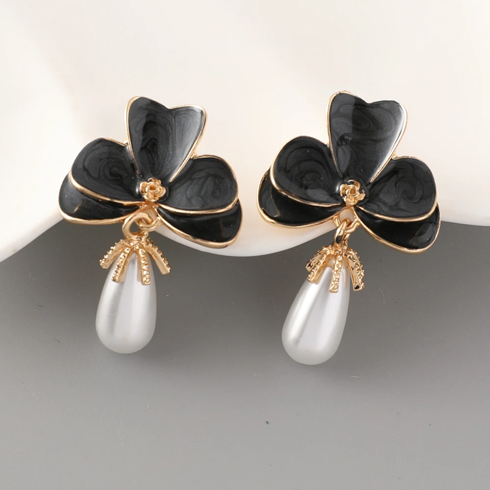 Luxury Enamel Flower Earrings Women's Pearl Ear Drops 5 Colors Wedding Accessories