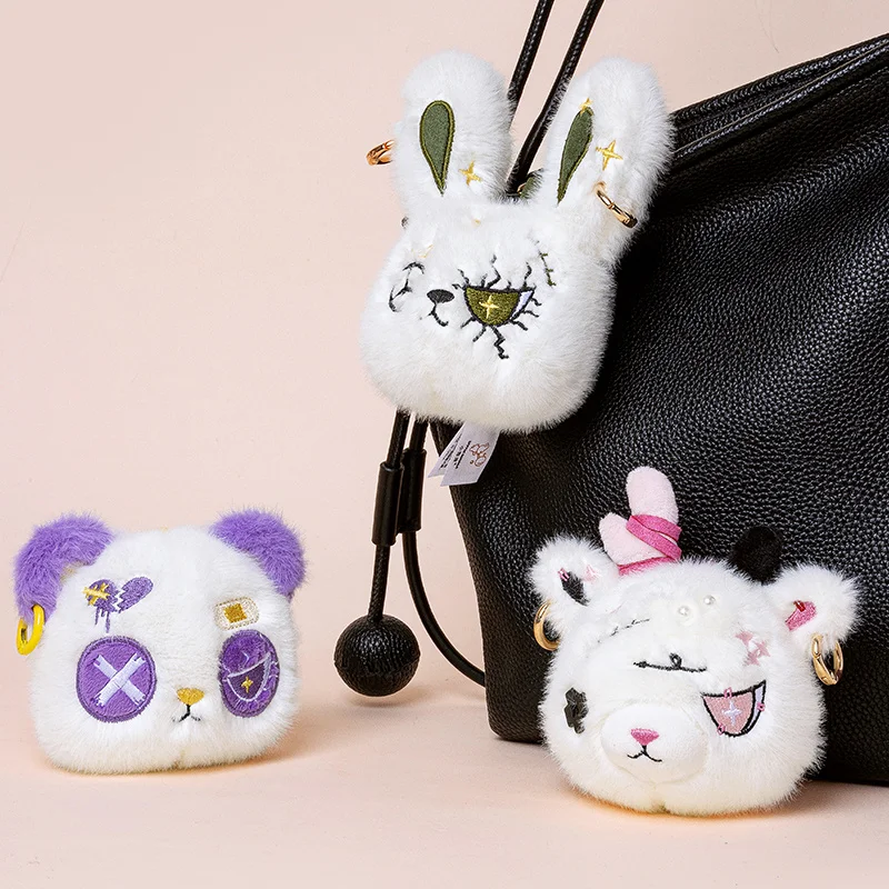 10cm Soft & Cool Gothic Style Plush Toys Mini Quirky Patchwork Panda Cat Rabbit Bag Decorations Weird Bag Charm Halloween Gift