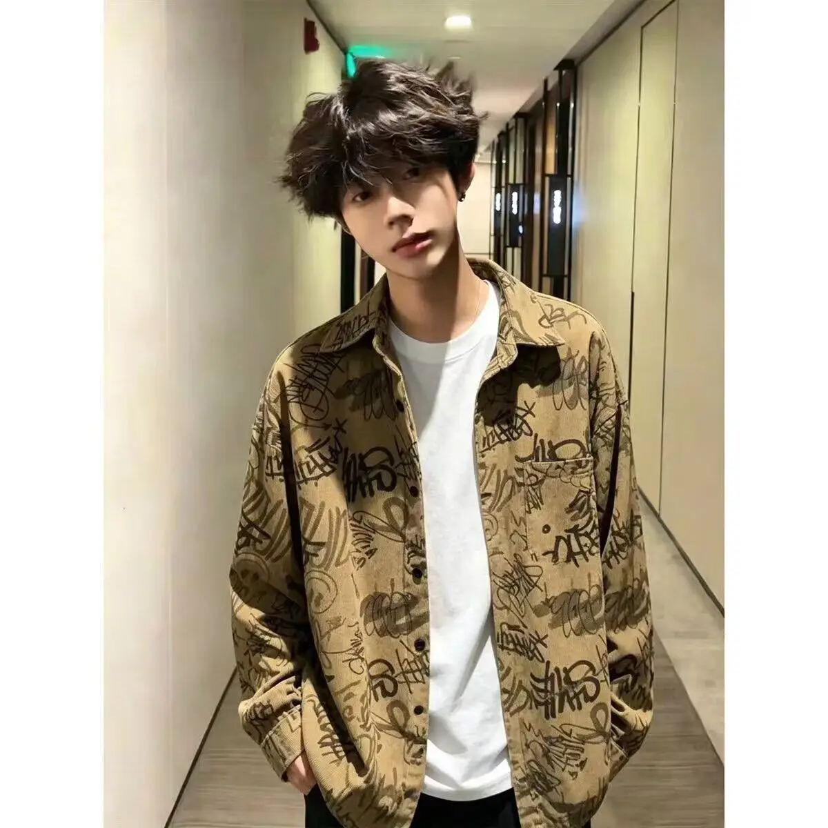 Corduroy Long Sleeve Men's Shirt Coffee Color American Style Print Open Cardigan Design Sensation Autumn Outerwear Coat