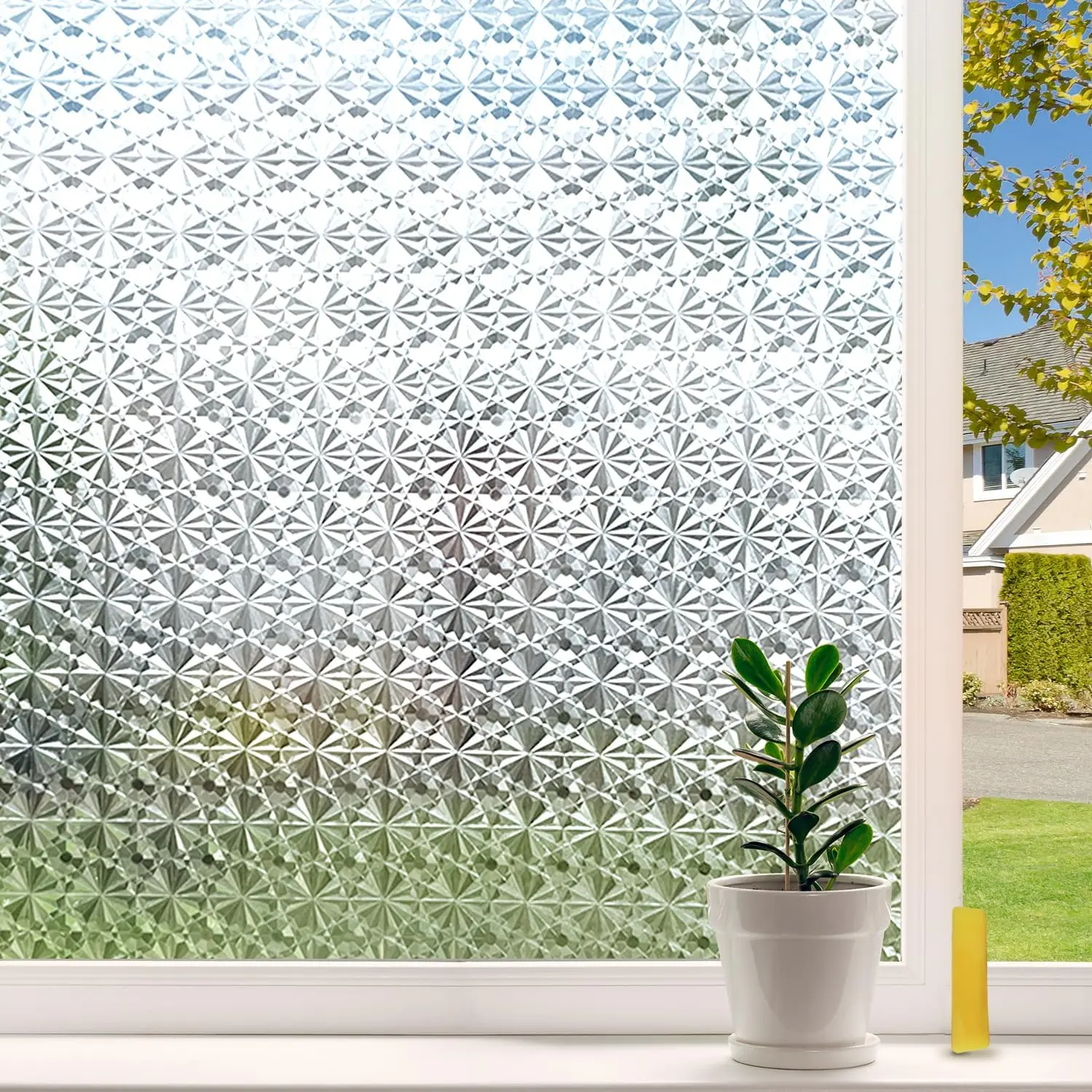 Diamond Frosted Glass Window Privacy Film, Static Cling No-Glue Removable Vinyl,Renter-Friendly Decorative Covering for Bedroom