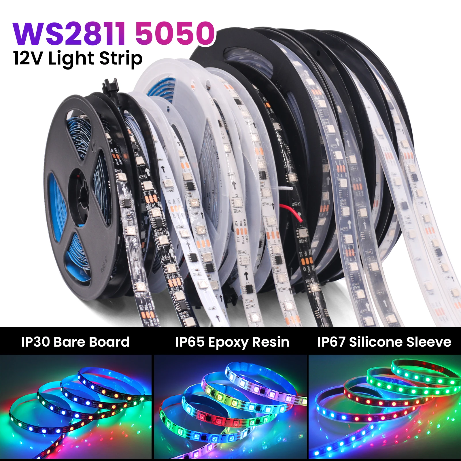 

WS2811 5050 RGB Smart LED Strip Individually Addressable Full Color Pixel lights 30 60Leds/m Ribbon Tape IP20/65 Waterproof 12V