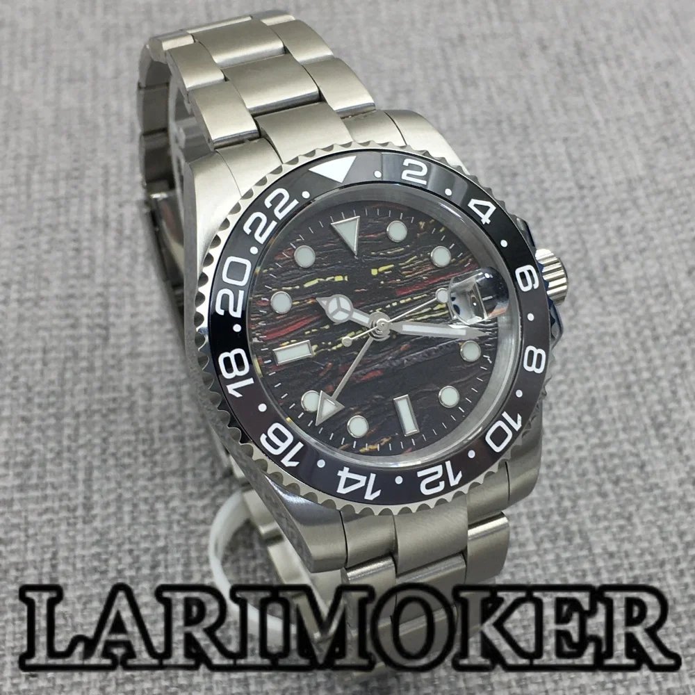 LARIMOKER 40MM GMT Men's Mechanical Watch NH34 Sapphire Glass Black Gray Ceramic Bezel Meteorite Texture Dial Luminous Calendar