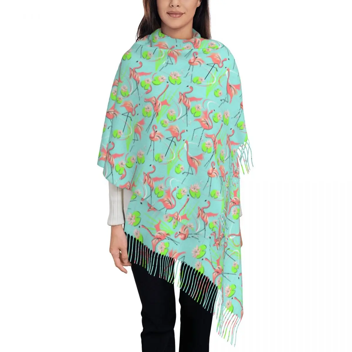 Tropical Birds Scarf Flamingo Fandango Warm Shawls and Wraps with Long Tassel Women y2k Fun Head Scarves Winter Designer Foulard