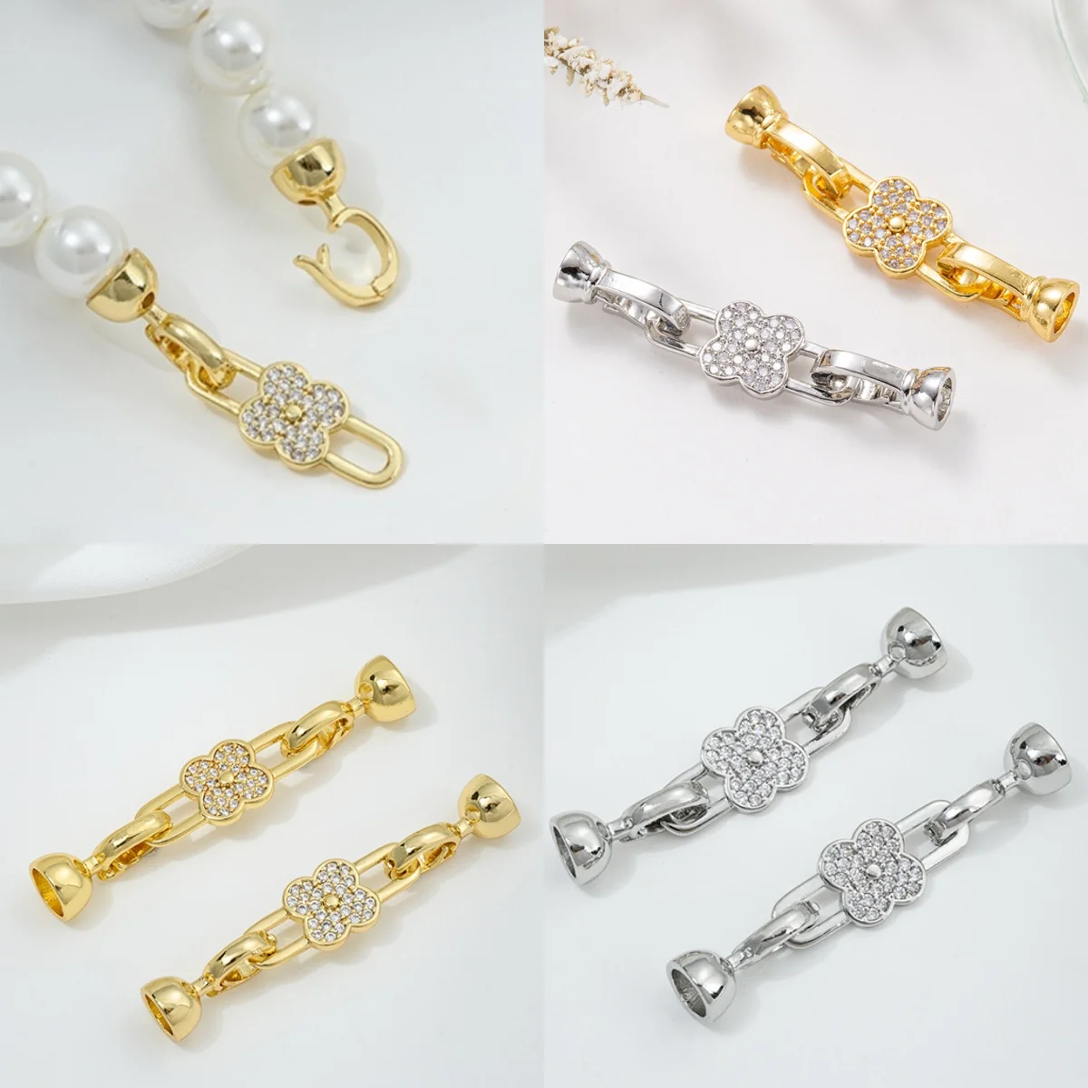 

Brass 18K Gold-Plated Inlaid Zirconia Four Leaf Flower Pearl Clasp Connector Lock diy Charms Jewelry Making Supplies Wholesale