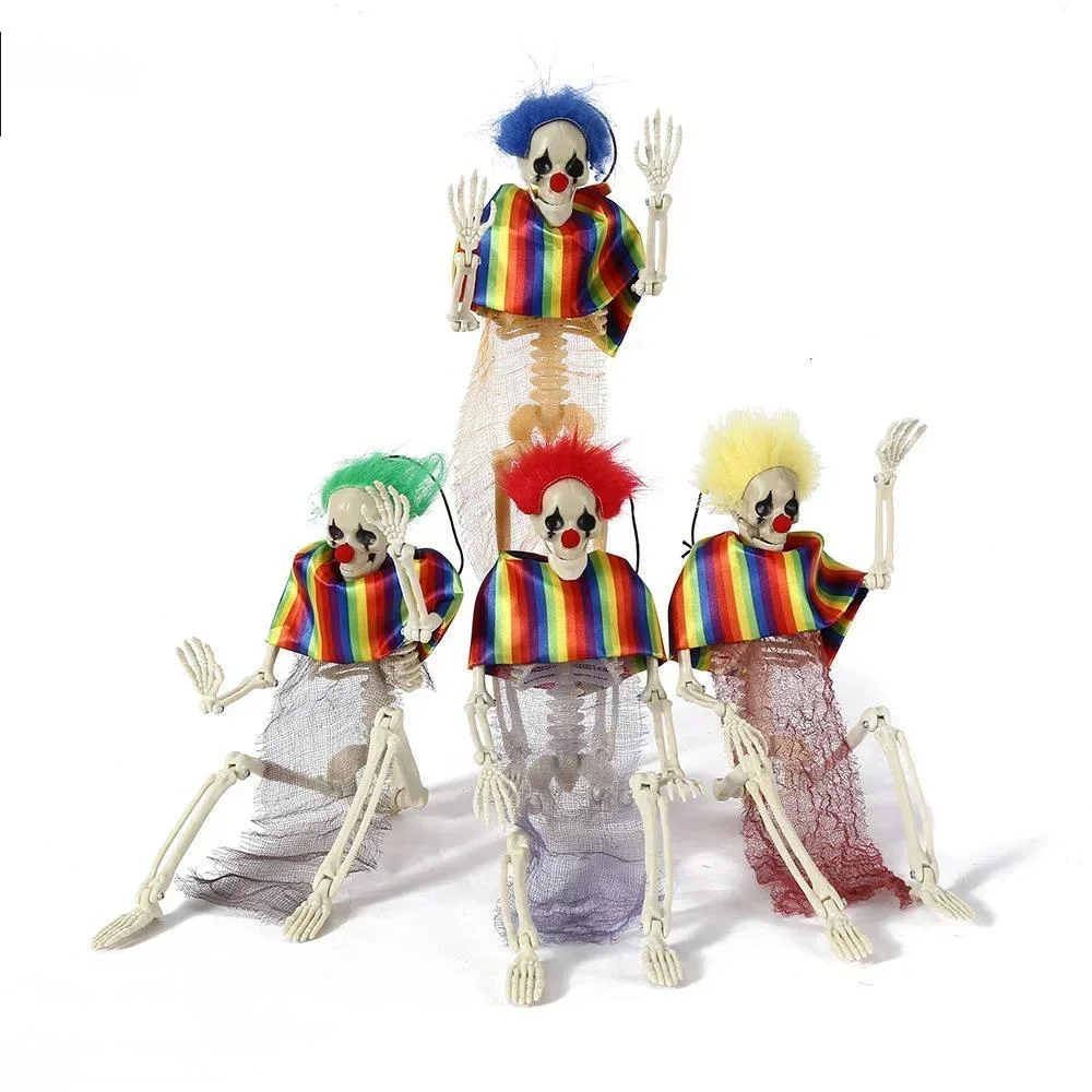 

Creepy Skeleton Clown Halloween Decoration, Colorful Hair And Rainbow Costume Skeleton Prop For Haunted House Scene Setup