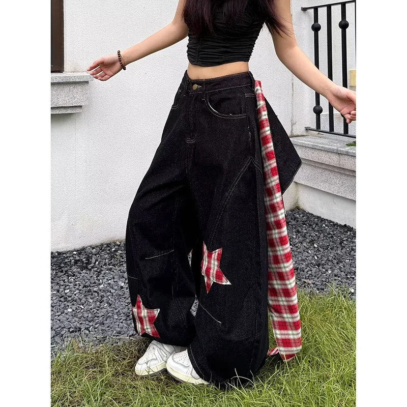 Czarne gotyckie jeansy baggy damskie w stylu japońskim Y2K z lat 2000, emo, szerokie nogawki, spodnie dżinsowe Harajuku vintage oversize, spodnie jeansowe 2025