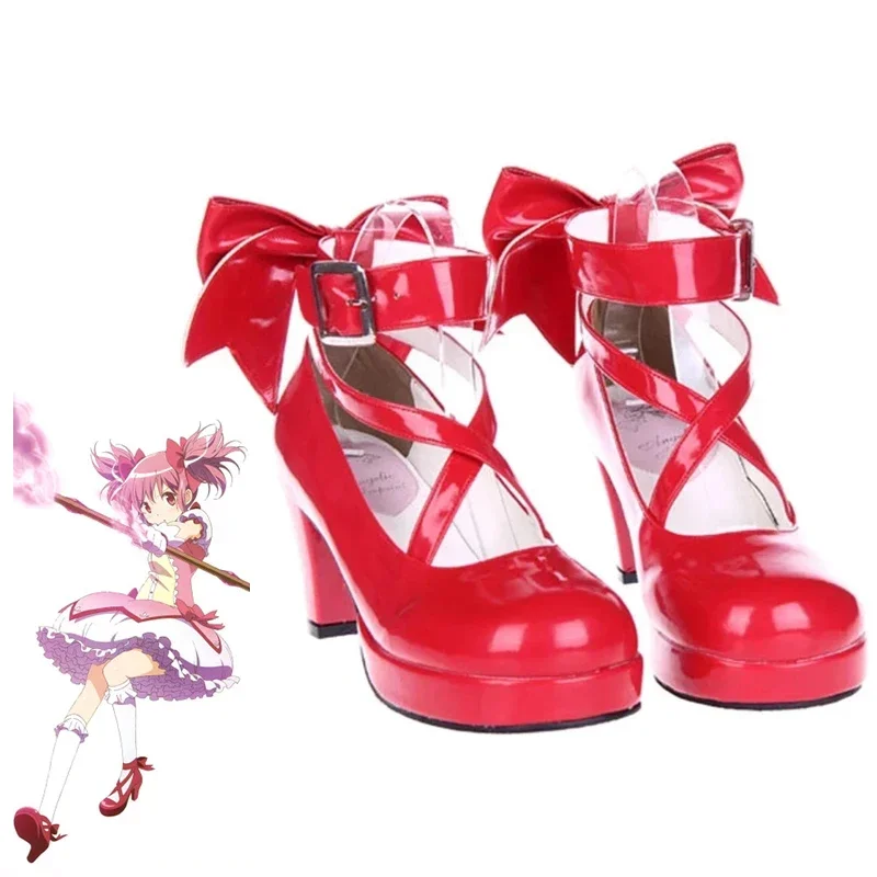 Anime Puella Magi Madoka Magica Cosplay Shoes Kaname Madoka Red Bowknot High Heels Magic Girls Lolita Shoes For Party Halloween