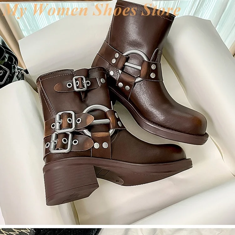 

Buckle Strap Square Toe Block Heel Ankle Booties Slip On Brown Black Chunky Heel Leather Brown Black Dress Women Shoes
