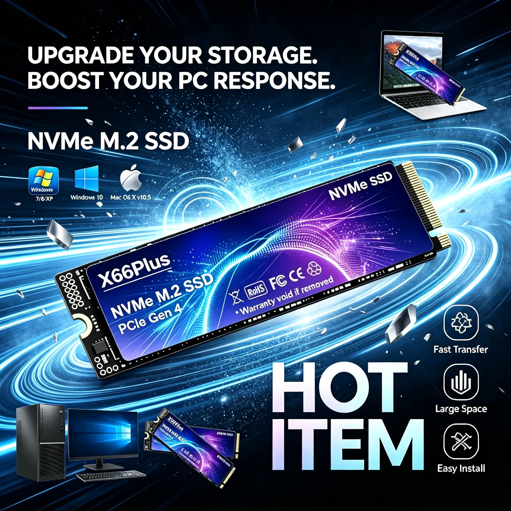 Latest High Speed X66Plus Fast Speed M2 NVMe PCIe Gen4 SSD 500GB 1TB 2TB 4TB Internal Solid State Drive for Game Work PC Laptops