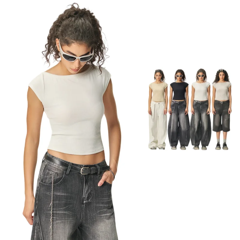 

2026 New Women's Off Shoulder Slim Fit T Shirt Vintage Old Money 260G Soft Stretchy Short Sleeve Crop Top