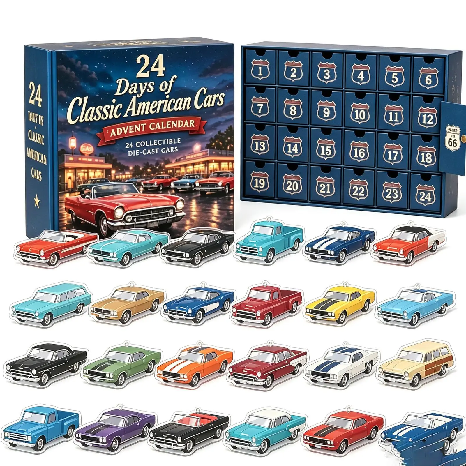 24 Days Of Classic American Cars Advent Calendar,2026 Christmas Countdown with 24 Vintage Ride Collectible Die-Cast Cars
