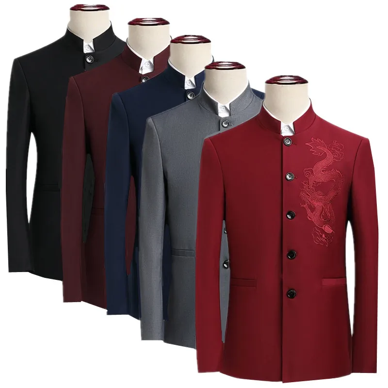 

Мужской красный вышитый костюм с воротником-стойкой, приталенный пиджак в китайском стиле, 2026 новый мужской деловой пиджак для свадебной вечеринки