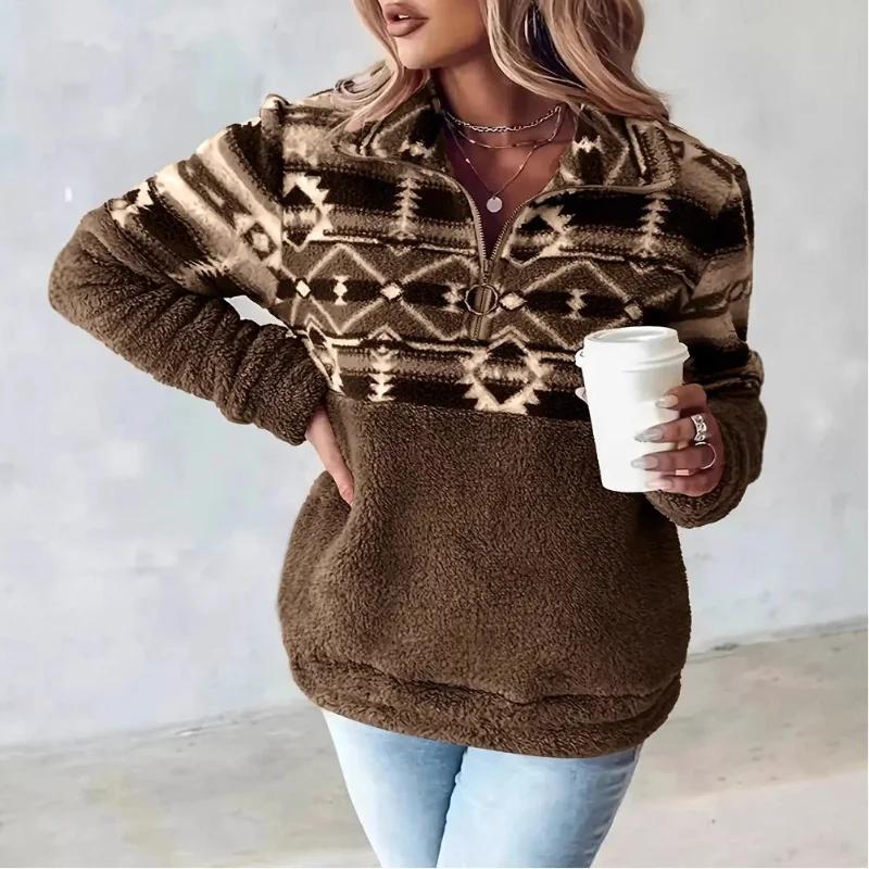 European American Autumn Winter New Arrival Half Zip Fleece Sweatshirt Casual Coat Geometric Pattern Stand Collar Top Women