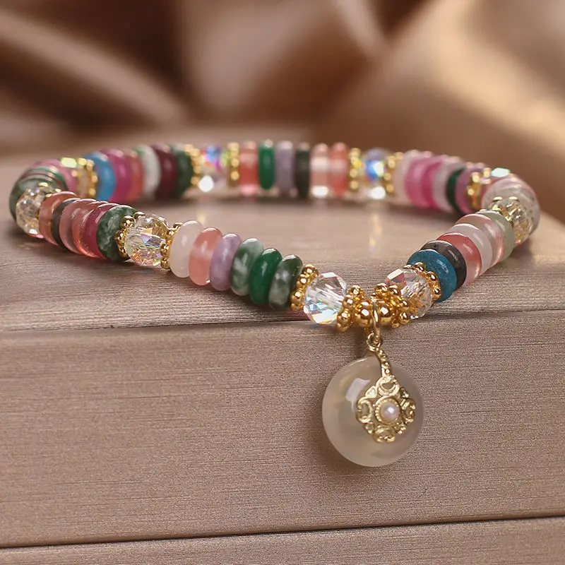 

Natural Stone Color Beaded Crystal Bracelet Women's 2026 New Entry Luxury Niche High-end Sense Safe Buckle Pendant Hand String