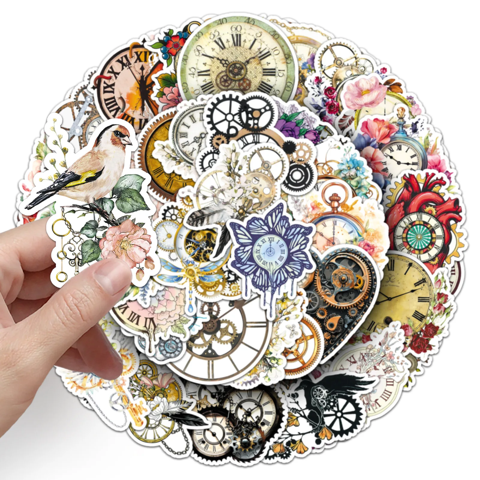

50PCS Retro Mechanical Clock Stickers Nostalgic Literary And Creative Cross-border Waterproof Decorative DIY Handbook Stickers