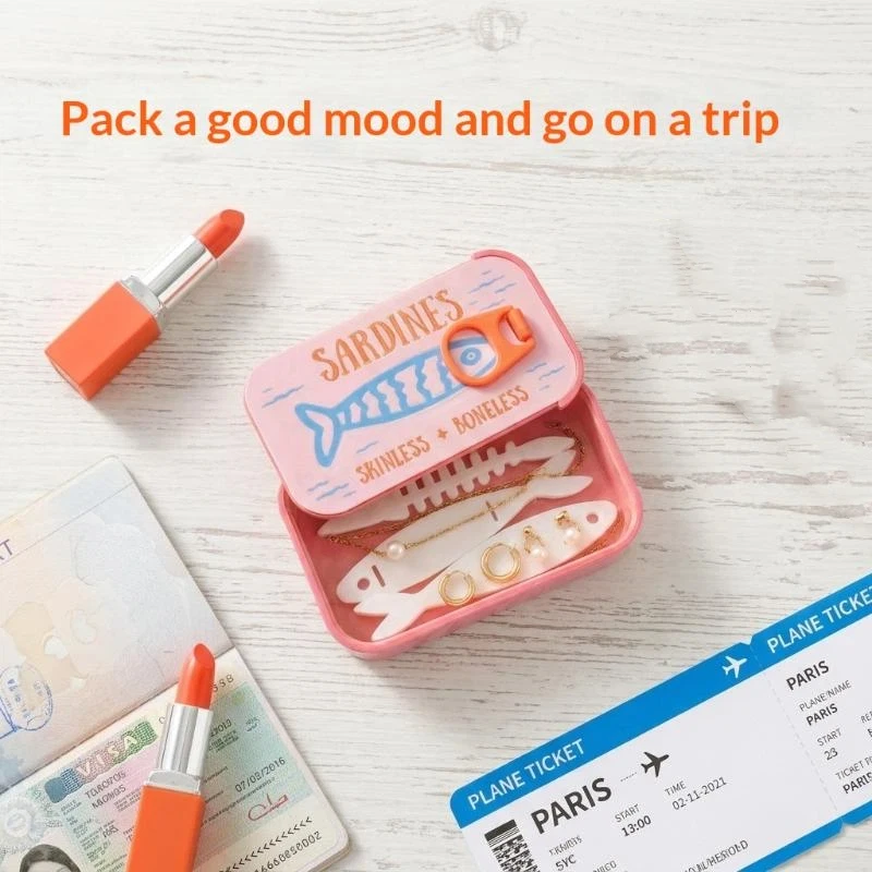 Mini Sardine Print Tin Storage Organizer Box Portable Rustproof Container for Jewelry Coins Pills Earbuds Home Use