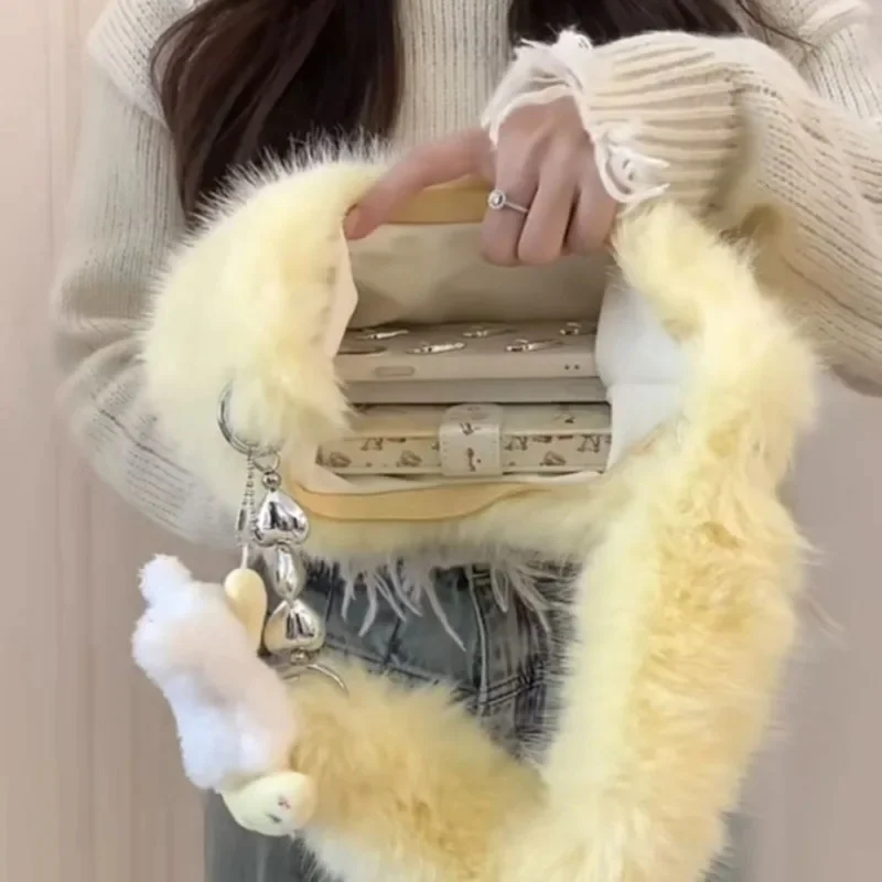 2024 New Korean Plush Shoulder Bag Women's Zipper Large Capacity Crossbody Bag Cute Japanese Splicing Girl's Bag