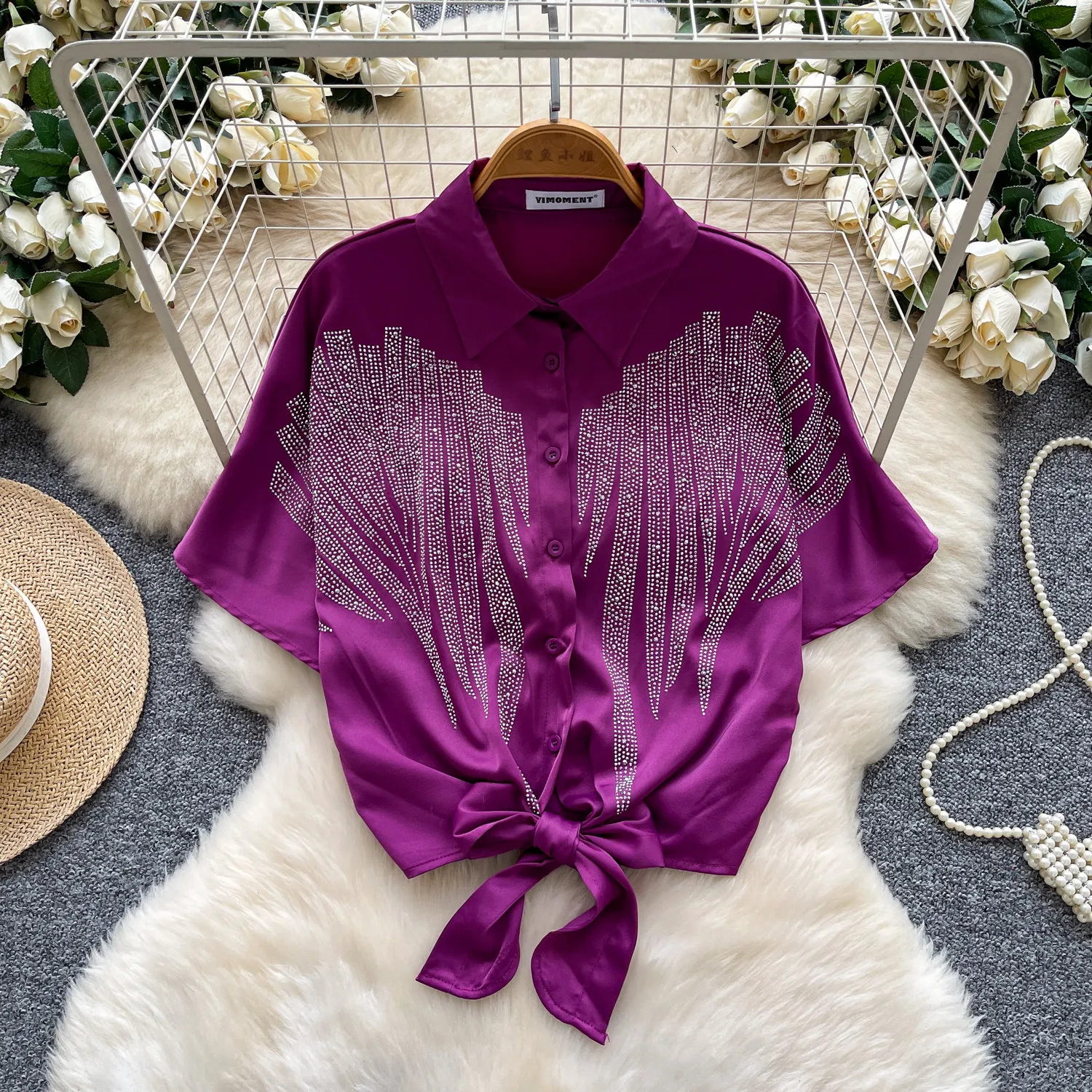 

Vintage basics chic rhinestone loose Blouse Korean Fashion office lady Shirt women clothing