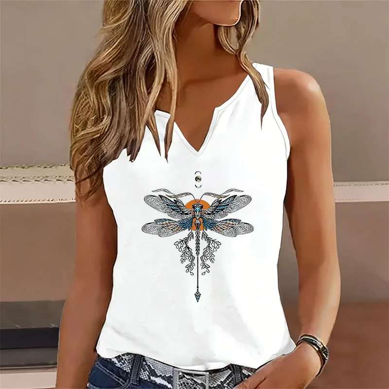 Camiseta sin mangas vintage Y2K con estampado de mariposa, cuello en V, estilo casual, para mujer