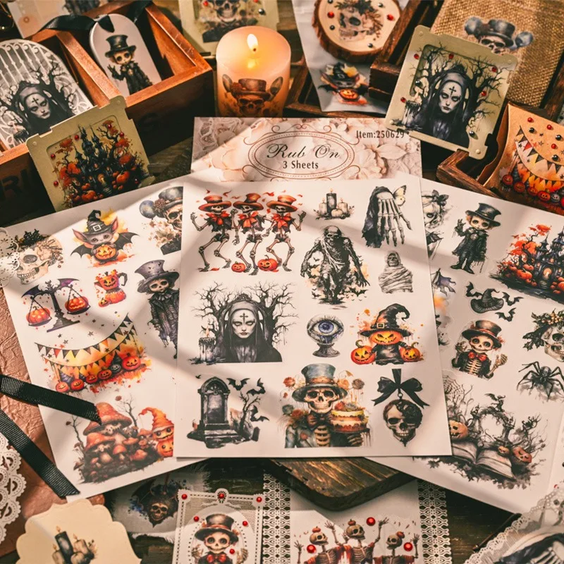 Halloween Rub on Aufkleber Vintage Totenkopf Kürbis Fledermaus Design Große DIY Transferaufkleber für Junk Journal Karte Foto Dekor Craft Supp