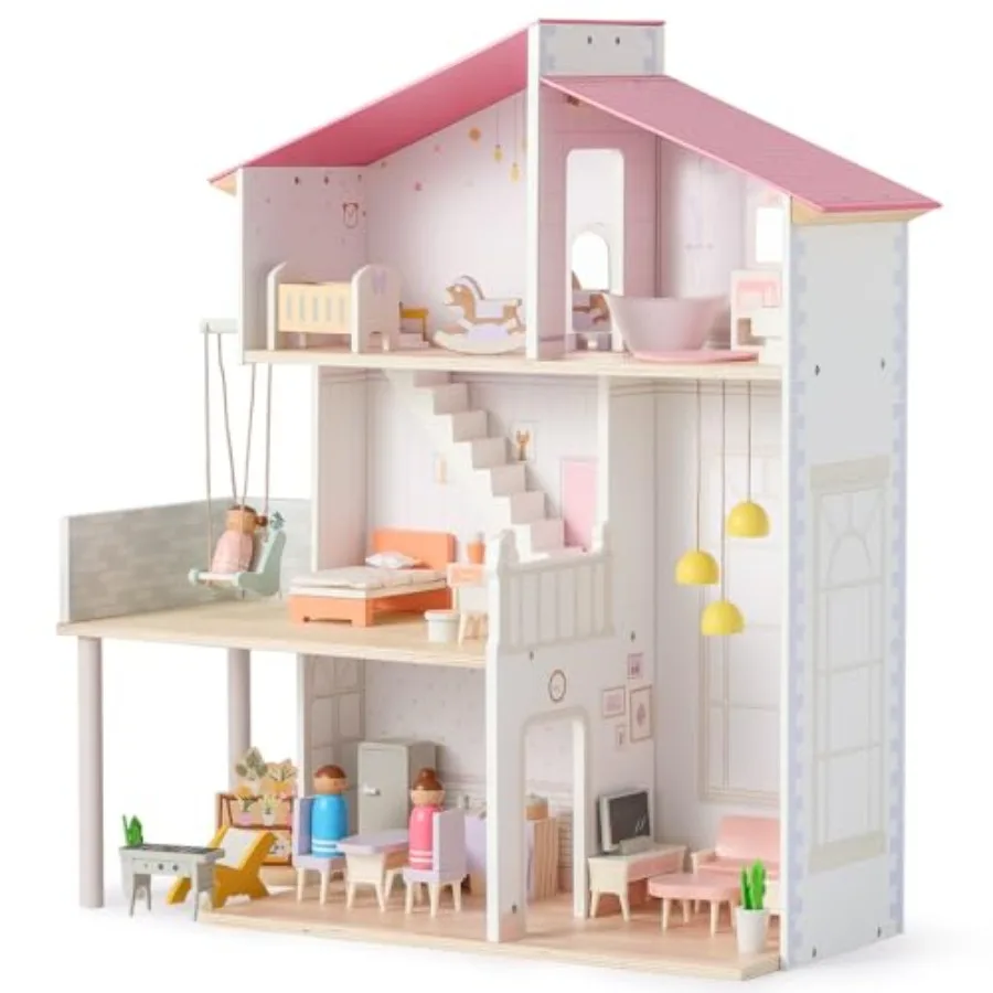 

Wooden Dollhouse for Girls 3-Story Pretend Playhouse Toy with 37Pcs Furniture Accessories in Modern Family Design Ideal for Age