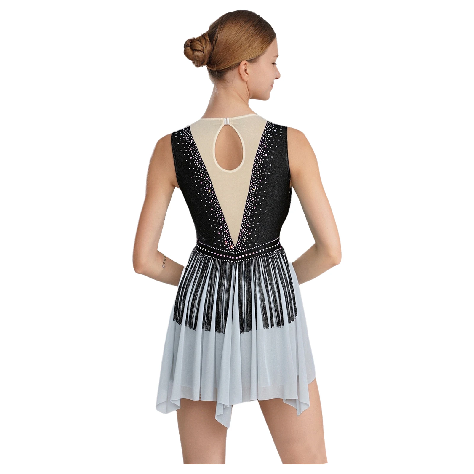 

Women Rhythmic Dance Leotards Figure Skating Dress Rhinestones Tassel Sleeveless Contrast Color Mesh Leotard Ballet Modern Dress
