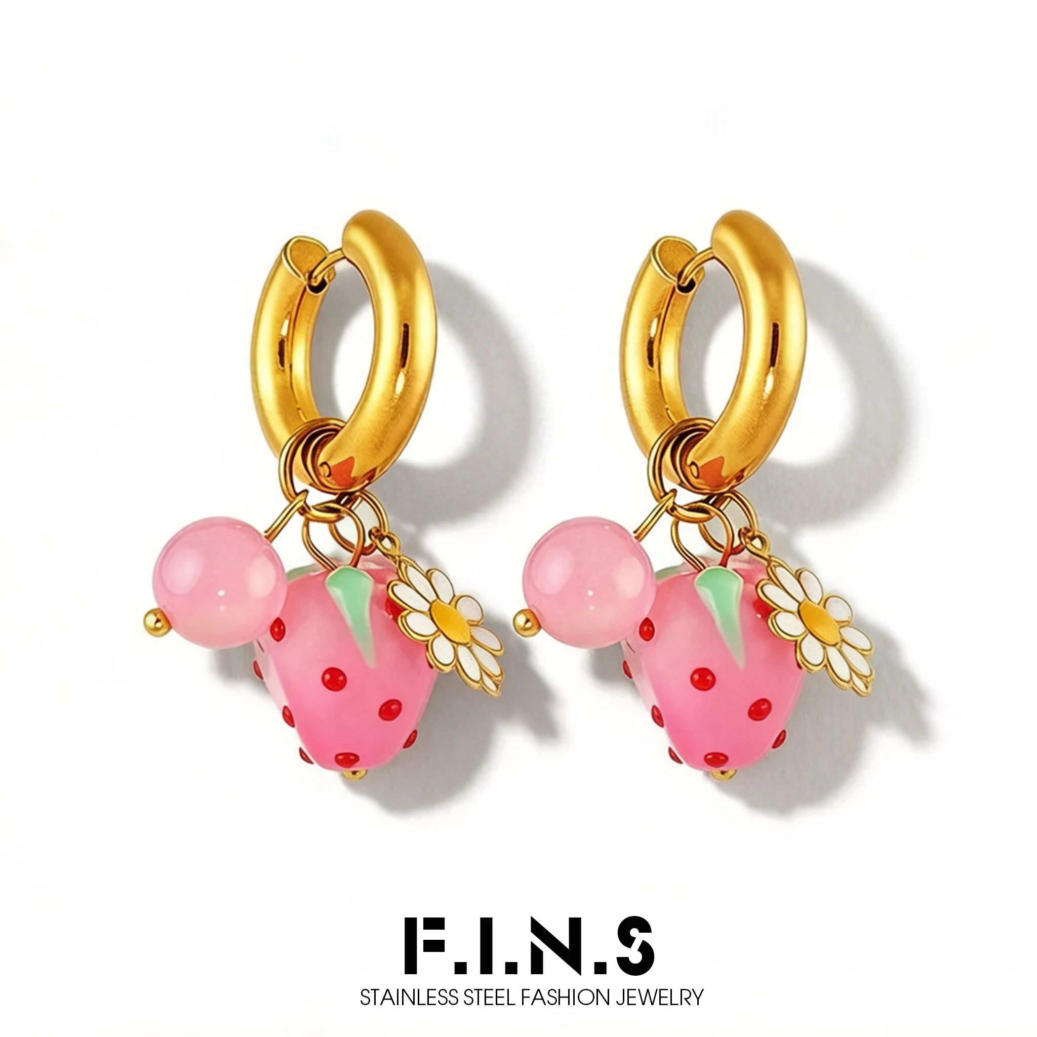 Серьги-подвески F.I.N.S Pink Strawberry из нержавеющей стали 316 для женщин, позолоченные, с цветными цветами из смолы, украшения в стиле Y2K
