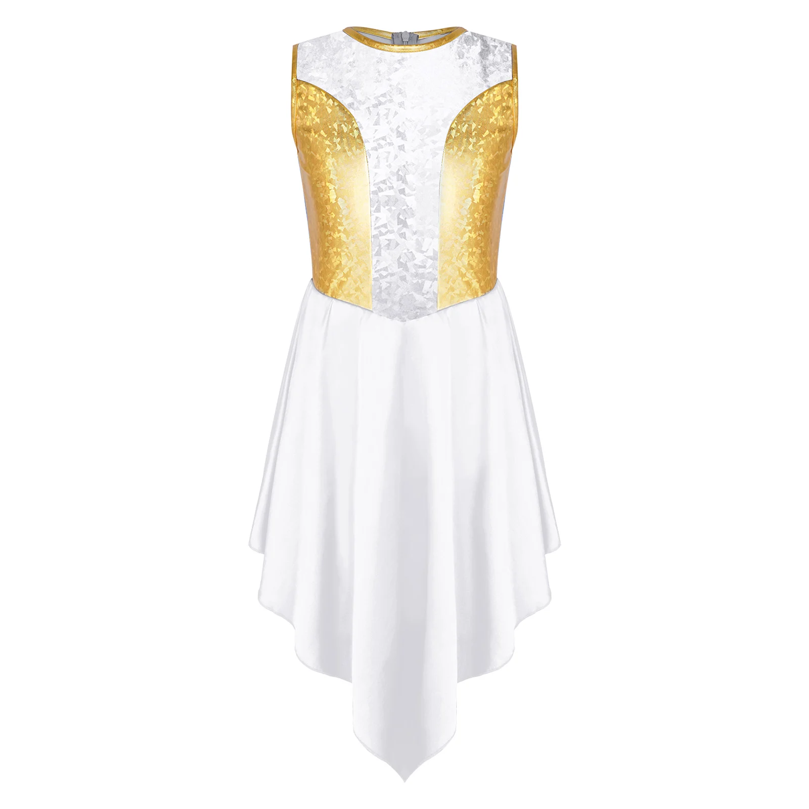 Kids Girls Praise Liturgical Lyrical Dance Tunic Dress Church Choir Worship Costume Sleeveless Metallic Shiny Bodice Dresses - view 4