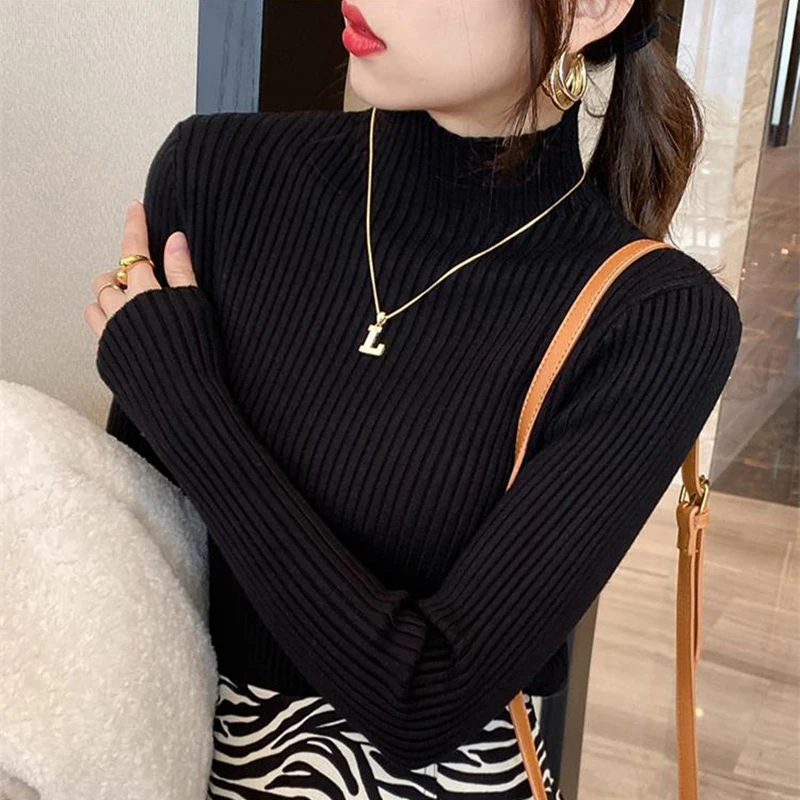 

Fashion Simple Chic Clothes Elegant Solid Basic Knitted Tops Epligg Women Turtlneck Sweater Long Sleeve Casual Slim Pullover