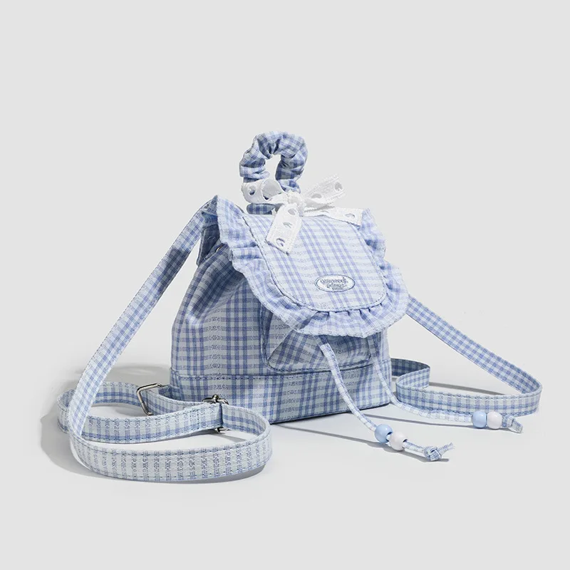 Women New Korean Style Blue Lace Plaid Sweet Ruffle Preppy Versatile Chic Backpack Bag College Commuter Daily